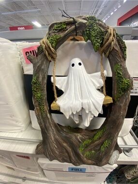 Whimsical Ghost on Swing Halloween Figurine - White & Brown